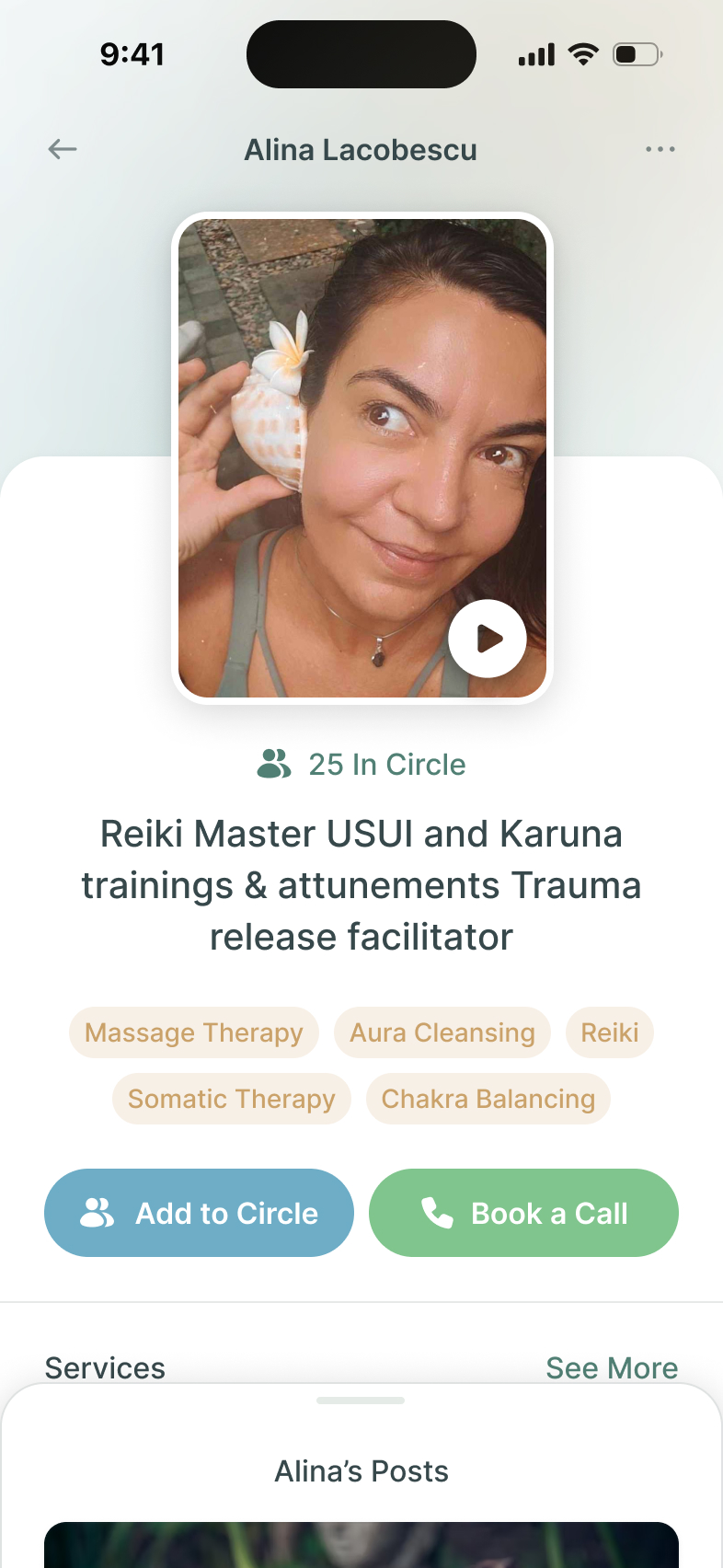 Practitioner profile with its large introduction video, service categories and separate Add to Circle and Book a Call actions