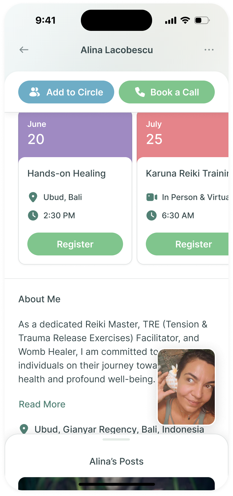 Scrolled practitioner profile with the introduction video reduced to a floating window beside the bio and classes